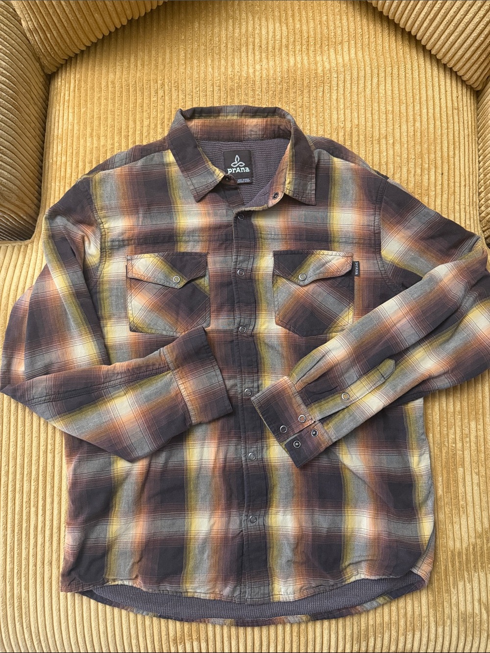 Prana Asylum Thermal Lined Plaid Flannel medium m brown orange yellow hiking